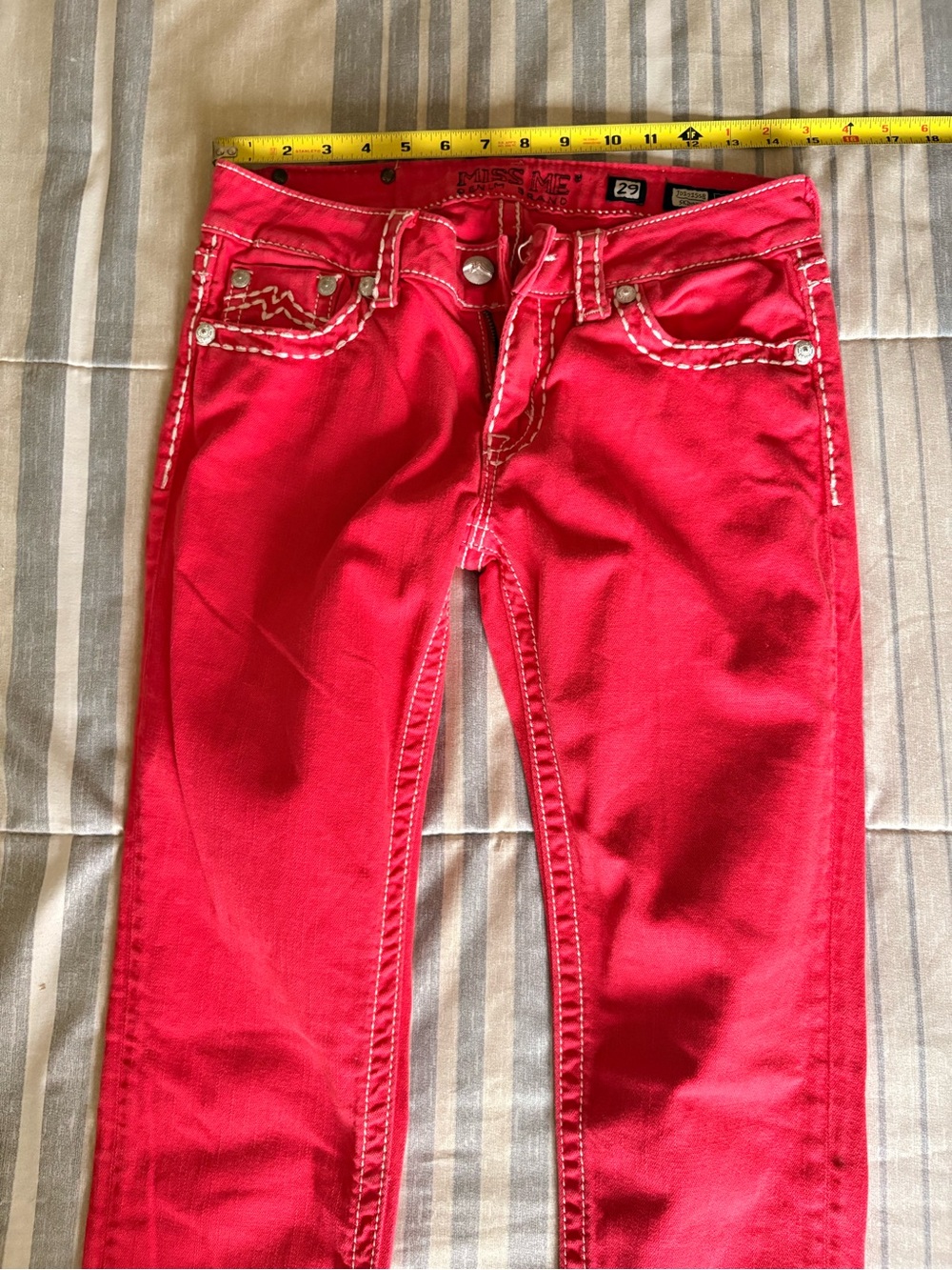 Bright Red Skinny Jeans with Contrast Stitching